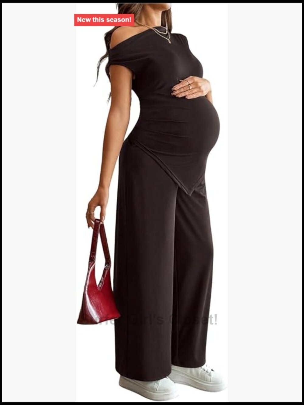 Maternity Summer 2 Piece Outfit Asymmetrical Top and Pants Set Pull On